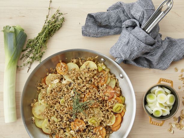 Savory Sweet Potato Granola Gratin